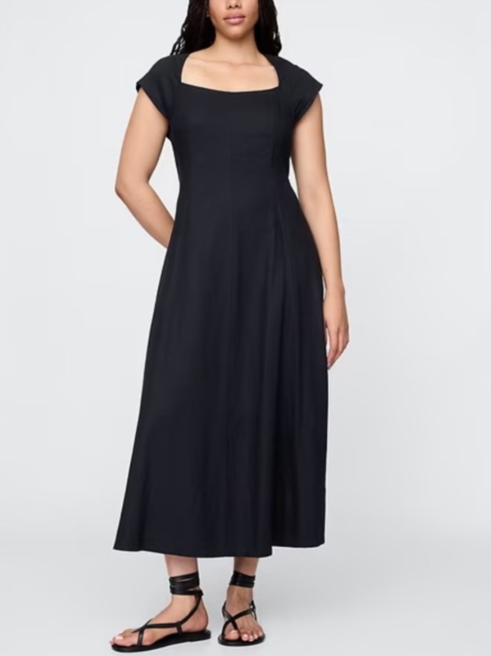 GAP Black Square-Neck Cap-Sleeve Linen Blend Maxi Dress